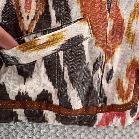 Chicos Jacket Women 2 L Orange Brown Linen Abstract Ikat Metallic Western Pocket - Picture 5 of 16